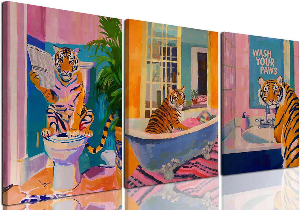 Funny Tiger Bathroom Wall Art Set of 3 Whimsical Tiger in Bathtub Canvas Wall Decor Painting Maximalist Animal Bathroom Poster Print Aesthetic 12x16 inch Framed 1409