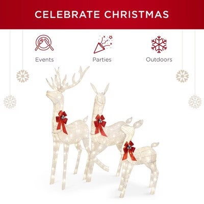 Best Choice Products 3-Piece Lighted Christmas Deer Set Outdoor Yard Decoration w/ 360 LED Lights, Stakes - White- B4 - 459