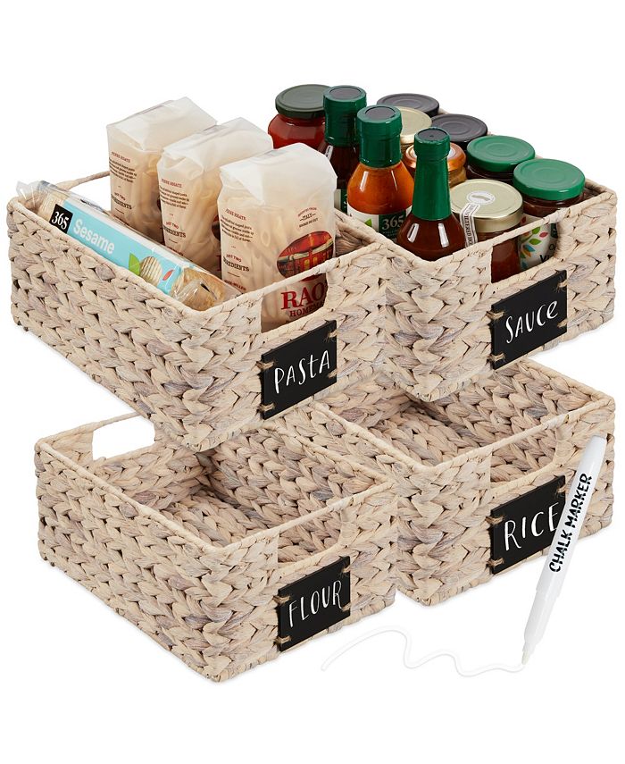 Best Choice Products Set of 4 12in Woven Water Hyacinth Pantry Baskets w/ Chalkboard Label, Chalk Marker - White - G3 - 1643