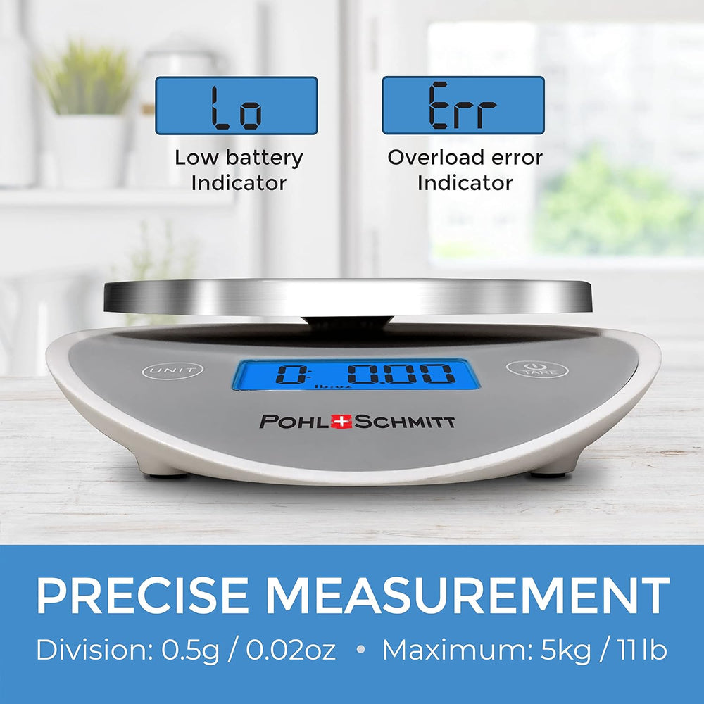 Pohl+Schmitt Digital Food Kitchen Scale, Multifunctional Weight Measuring for Cooking and Baking in Grams/Ounces, Auto Shut-Off, Stainless Steel (Batteries Included) (Silver) -B13-1330