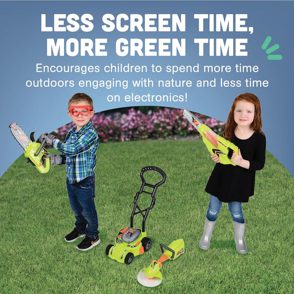 CP Toys 6-Piece Power Gardening Toy Set for Kids Ages 3+, Child Size Indoor/Outdoor Play Kids Tool Set with Leaf Blower, Chainsaw, Lawn Mower, and More, Green - F8 - 860