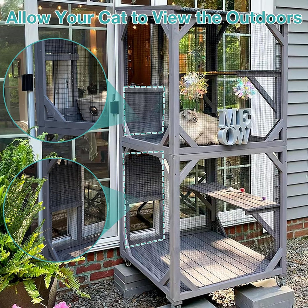 Catio Outdoor Cat Enclosure,Cat House with Wheels,Upgraded Resting Box,Waterproof Roof for Patio Garden 301 - D3