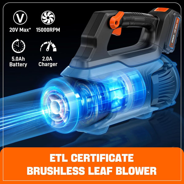 SENIX 20V Max Leaf Blower, Cordless, Brushless, Handheld, Up to 450 CFM and 100 MPH, 2 Speed Mode, Cruise Control, Lightweight, 5.0 Ah Battery and Charger Included (BLAX2-M3) 1848