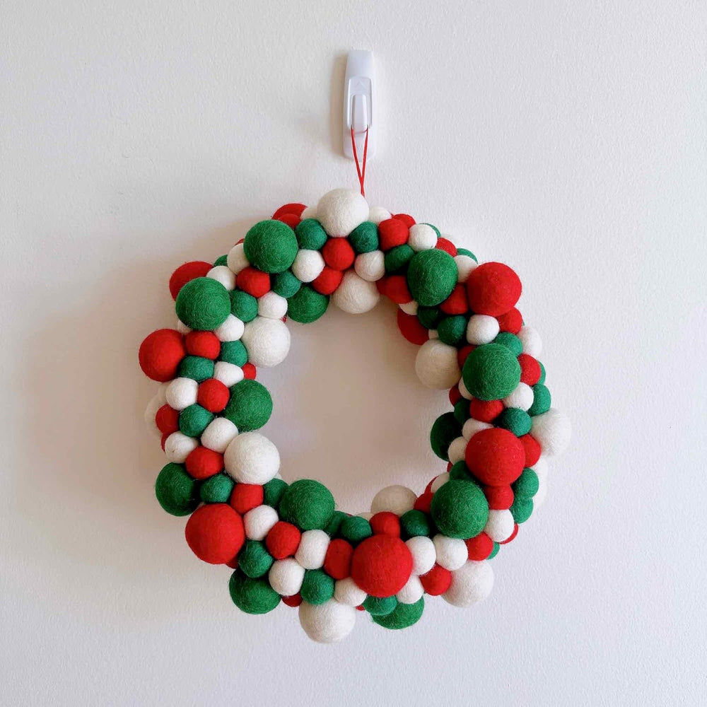 Pom Pom Ball Bead Christmas Wreath, Ball Bead Holiday Door Decor, Fair Trade Handcrafted Ball Bead Wreath for a Warm Christmas - B13 - 632