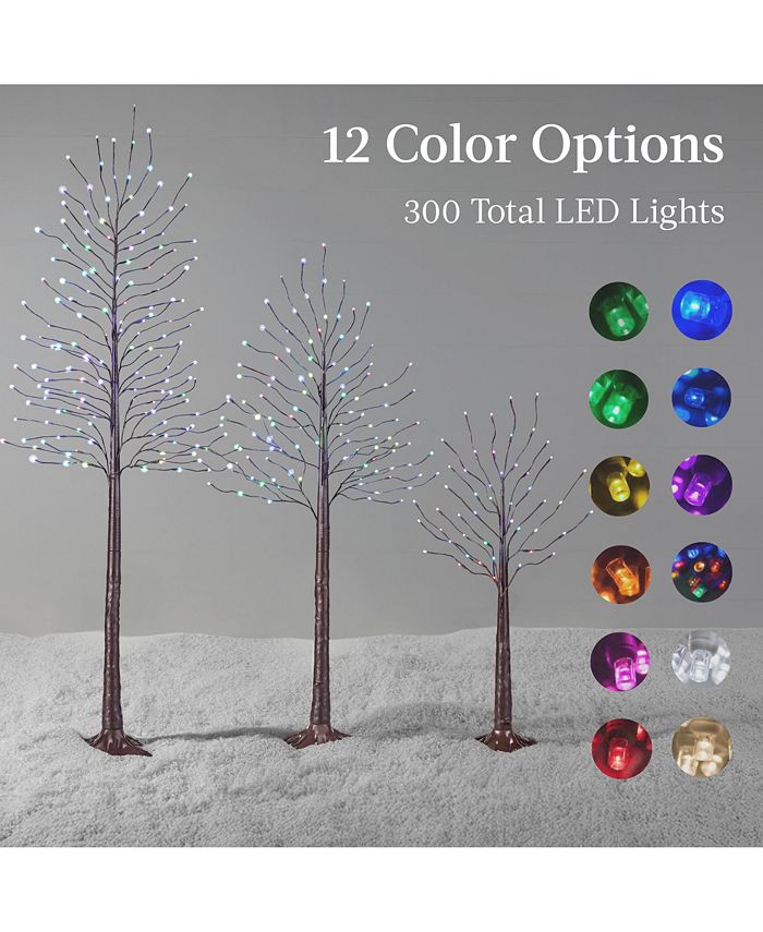 Best Choice Products Set of 3 Lighted Twig Birch Trees, 4ft, 6ft, 8ft w/ 300 LEDs, Warm White, Multicolor Lights - Brown - E11 - 1085
