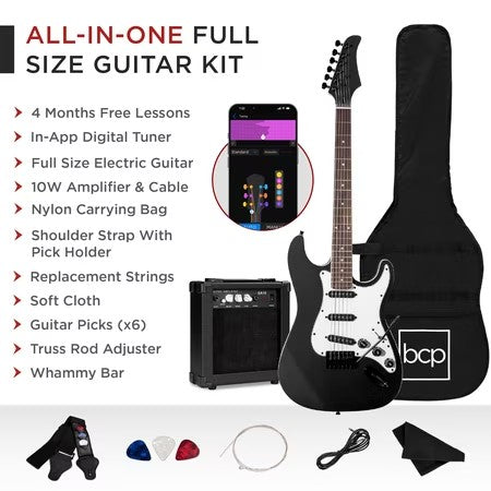 Best Choice Products 39in Full Size Beginner Electric Guitar Kit with Case, Strap, Amp, Whammy Bar - Jet Black -C6-0407