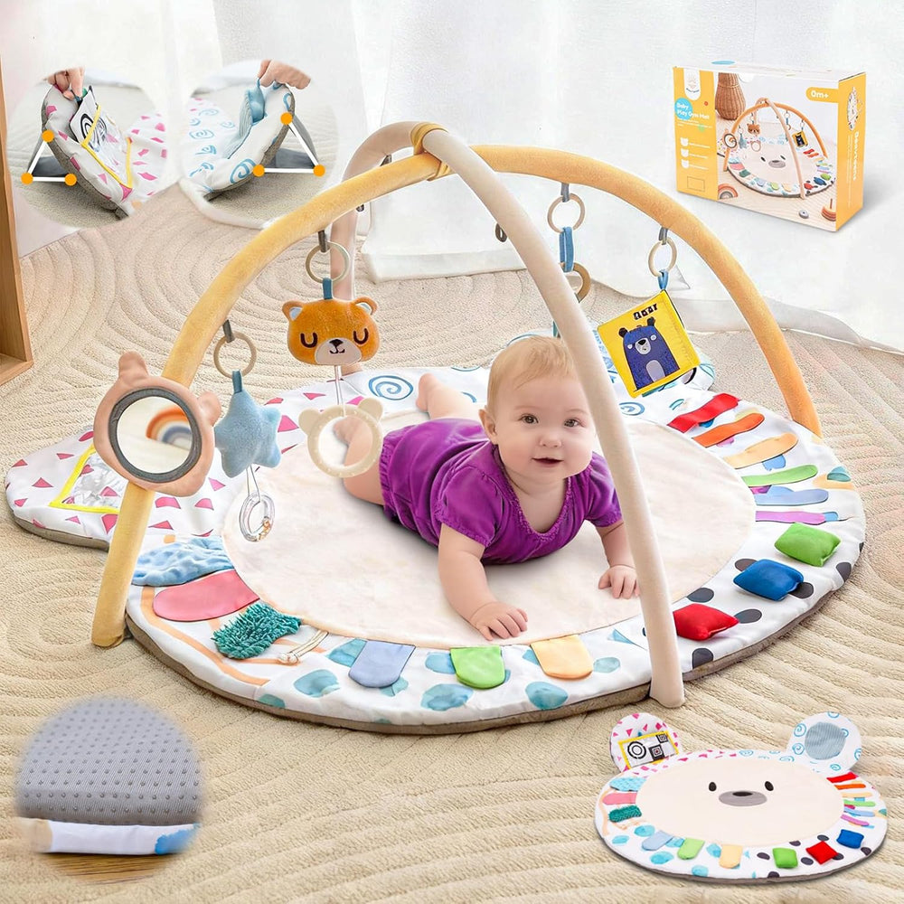 Baby Play Gym, Thickened and Non Slip Activity Mat, 5 Developmental Zones Tummy Time Mat with 5 Detachable Sensory Toys for Motor Skills, Baby Essentials Shower Gift Box(Bear) 1298