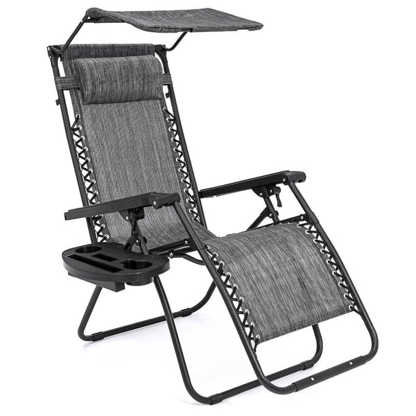 Zero Gravity Folding Reclining Gray Fabric Outdoor Lawn Chair w/Canopy Shade, Headrest Tray - C13 - 1504