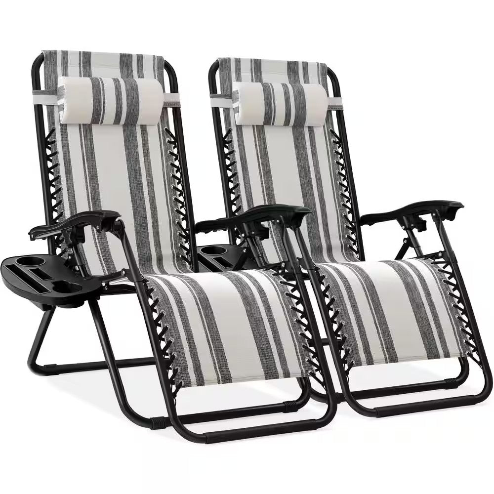 Gray Stripes Metal Zero Gravity Reclining Lawn Chair with Cup Holders (2-Pack) - D11 - 722