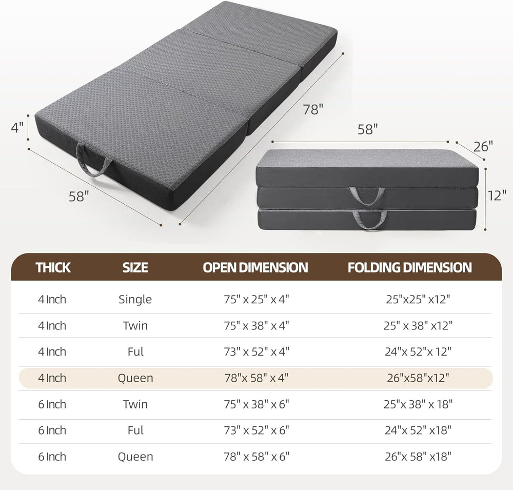 Tri Folding Mattress - Foldable Mattress for Travel/RV/Camping/Road Trip/Guest Room/Yoga, Tri-fold Memory Foam Mattress with Washable Cover, Handle & Non-Slip Bottom - H1 - 976