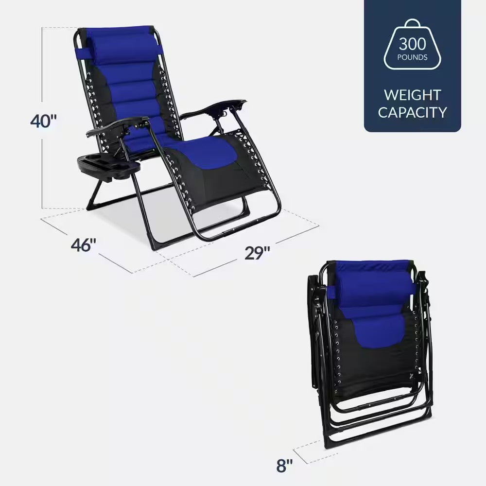 Oversized Padded Zero Gravity Blue Metal Reclining Outdoor Lawn Chair w/Side Tray - H3 - 1613