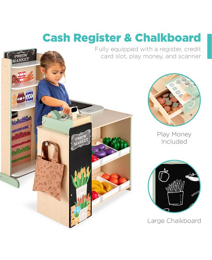 Best Choice Products Kids Pretend Play Grocery Store Wooden Supermarket Set w/ Chalkboard, Cash Register - Tan/Beige - NO SIZE - E3 - 979