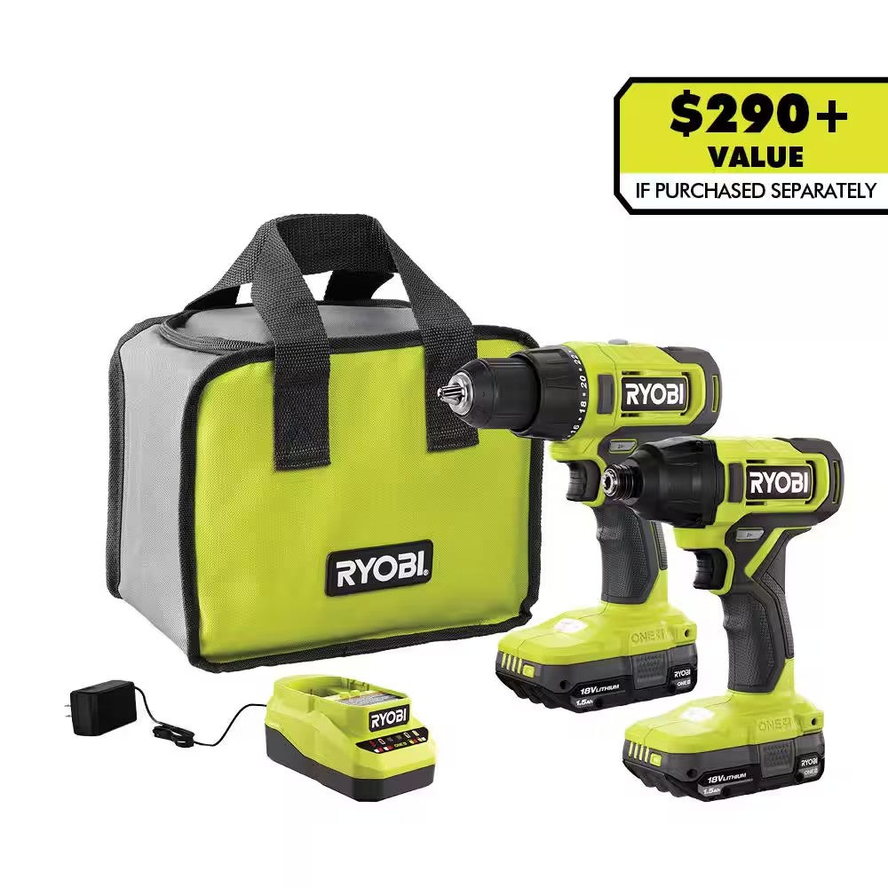 RYOBI ONE+ 18V Cordless 2-Tool Combo Kit with Drill/Driver, Impact Driver, (2) 1.5 Ah Batteries, and Charger 1683