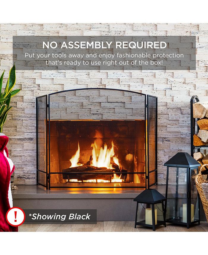 Best Choice Products 47.5x27.25in 3-Panel Steel Mesh Fireplace Screen, Spark Guard w/ Rustic Worn Finish - Black - NO SIZE - H6 - 1073