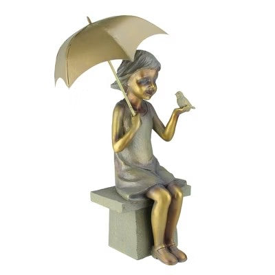 Roman 17.5" Girl Sitting with Umbrella and Bird Outdoor Patio Garden Statue - Gold/Bronze - E11 - 241