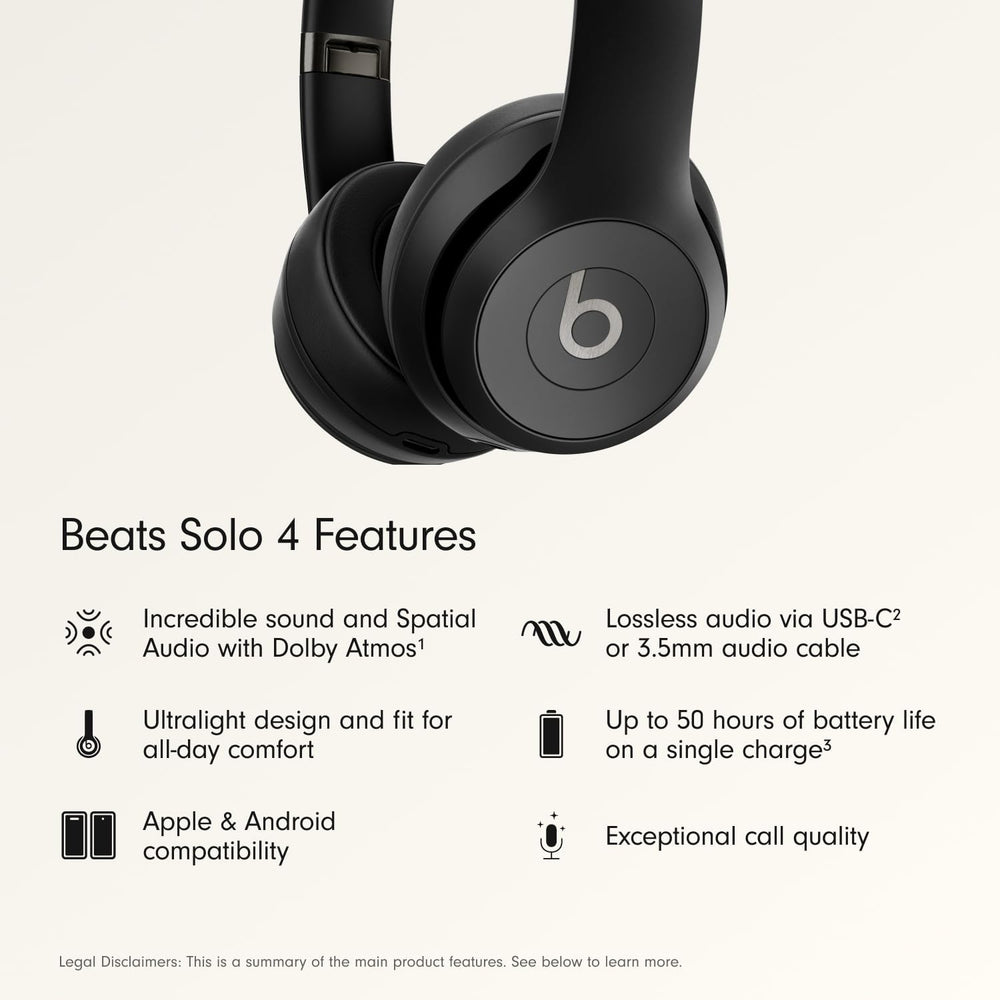 Tested Working - Beats Solo 4 - Wireless On-Ear Bluetooth Headphones, Up to 50-Hour Battery Life, Ultra-Lightweight Comfort, Powerful and Balanced Sound, Apple & Android Compatible - Matte Black - K5 - 1526