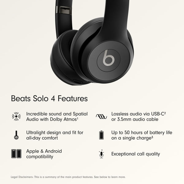 Tested Working - Beats Solo 4 - Wireless On-Ear Bluetooth Headphones, Up to 50-Hour Battery Life, Ultra-Lightweight Comfort, Powerful and Balanced Sound, Apple & Android Compatible - Matte Black - K5 - 1526