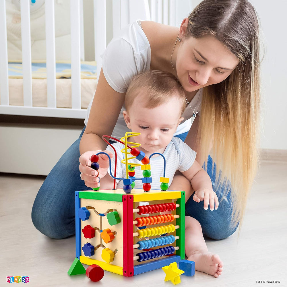 Play22 Wooden Activity Cube for Baby - 6 in-1 Baby Activity Play Cube with Bead Maze, Shape Sorter, Abacus Counting Beads, Counting Numbers, Sliding Shapes, Removable Bead Maze, 8Pcs Stacking Cups - B4 - 1368