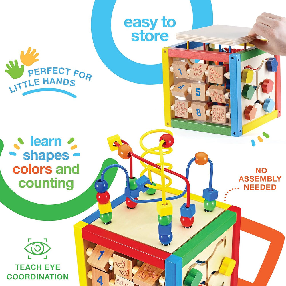 Play22 Wooden Activity Cube for Baby - 6 in-1 Baby Activity Play Cube with Bead Maze, Shape Sorter, Abacus Counting Beads, Counting Numbers, Sliding Shapes, Removable Bead Maze, 8Pcs Stacking Cups - B14 - 702