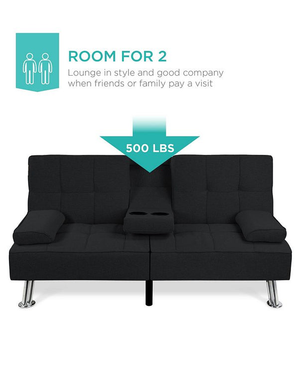 Best Choice Products Modern Linen Convertible Futon Sofa Bed w/ Removable Armrests, Metal Legs, Cupholders - Black - D5 - 1516