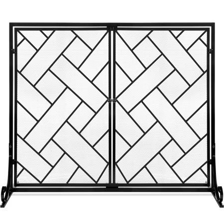 Best Choice Products 44x33in 2-Panel Handcrafted Wrought Iron Geometric Fireplace Screen w/ Magnetic Doors - Black - A6 - 455