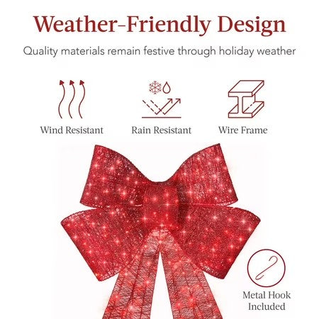 Best Choice Products 24in Pre-Lit XL Christmas Bow, Large Outdoor LED Lighted Holiday Decor w/ 8 Light Functions, Hook - E4 - 1659