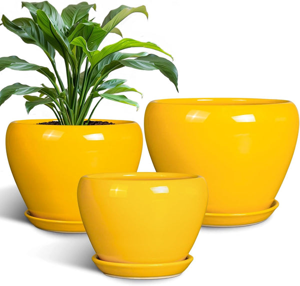 Ceramic Planters Set of 3 - Modern Round 10+8+6 Inch Plant Pots with Drainage Holes and Plant Trays for Indoor Outdoor Flowers, Decorative Garden Room Home Decor, Housewarming Gifts, Yellow 1827