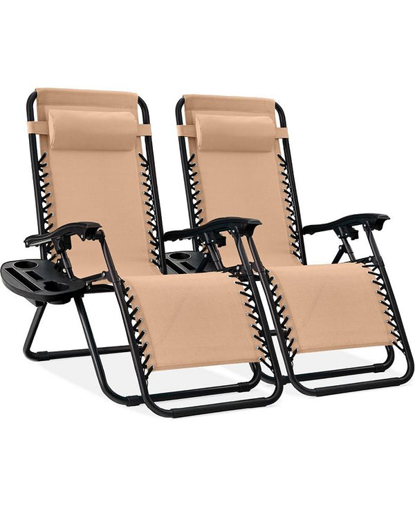 Best Choice Products Set of 2 Zero Gravity Lounge Chair Recliners for Patio, Pool w/ Cup Holder Tray - Tan/Beige -D2-1015