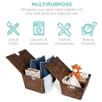 Best Choice Products Set of 2 XL Water Hyacinth Woven Tapered Storage Basket Chests w/ Attached Lid, Handle Hole - C1 - 992