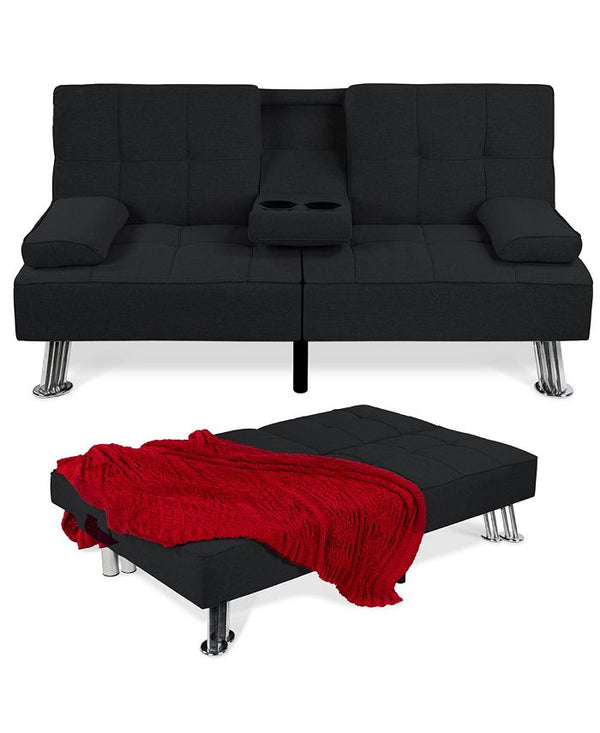 Best Choice Products Modern Linen Convertible Futon Sofa Bed w/ Removable Armrests, Metal Legs, Cupholders - Black - D5 - 1516