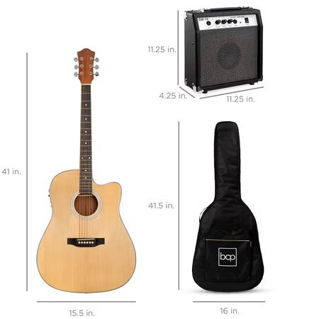 Best Choice Products Beginner Acoustic Electric Guitar Starter Set 41in w/ Wood Cutaway Design, Gig Bag - Natural -B3-1026