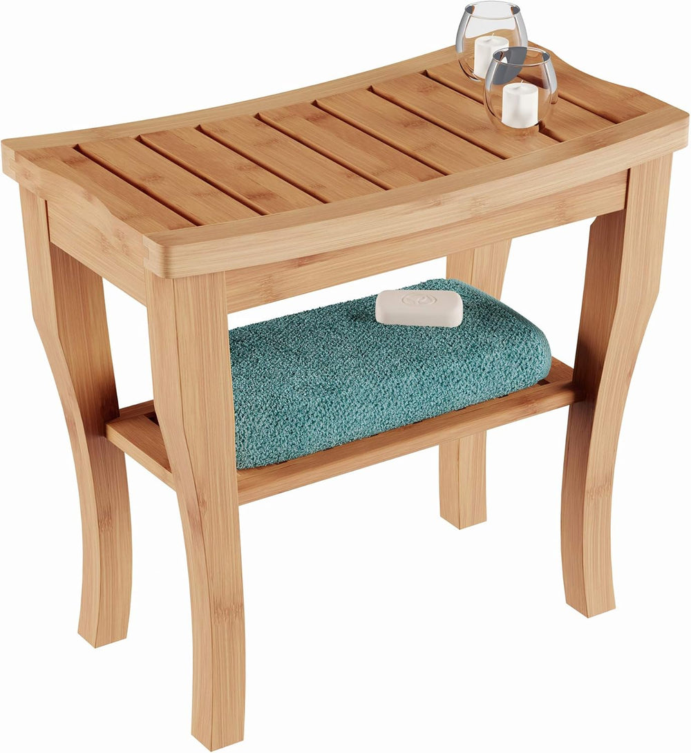Lavish Home Shower Bench-Water Resistant Natural Eco-Friendly Bamboo with Storage Shelf for Bathroom, Spa or Sauna - E1 - 936