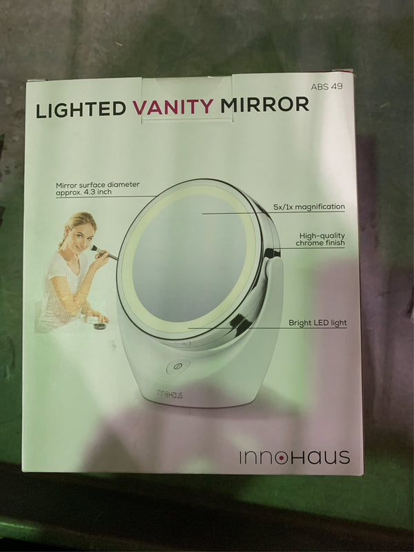 5x Magnifying Double-Sided Cosmetic Vanity Makeup Mirror Illuminated LED Lights 360  Degree Swivel Rotation On/Off Button Chrome Finish Cordless - F8 - 1744 -K7-0085