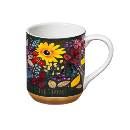 Evergreen Recipe Tin w/ Recipe Cards and Ceramic Cup Give Thanks Flowers 4.68 x 3.2 x 3.76 inches - G9 - 1720