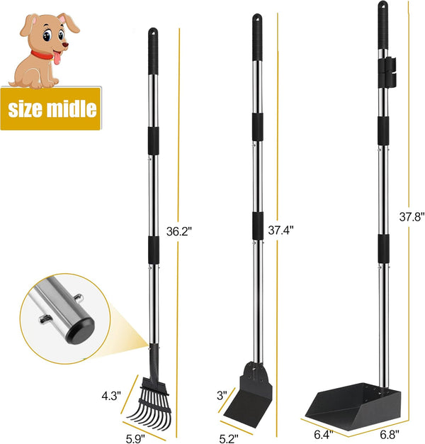 Niubya Pooper Scooper for Dogs, Metal Poop Scooper Tray and Rake Set with Adjustable Long Handle, Dog Pooper Scooper for Pet Waste Removal - B4 - 515