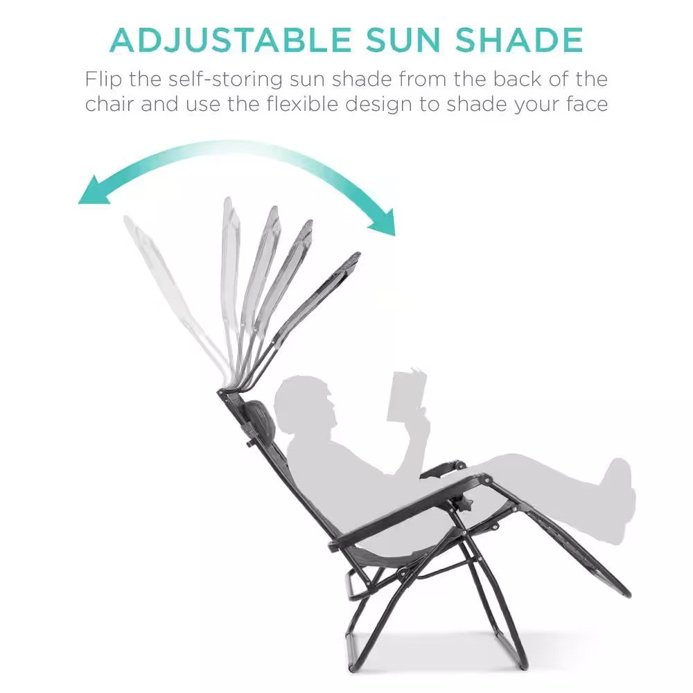 Zero Gravity Folding Reclining Gray Fabric Outdoor Lawn Chair w/Canopy Shade, Headrest Tray - M6 - 24