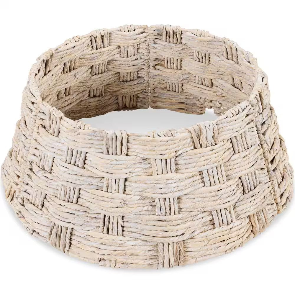 24 in. Basket Woven Hyacinth Christmas Cellulose Tree Collar, Skirt Accessory with Cord Cut-Out in White Washed -E3-1946
