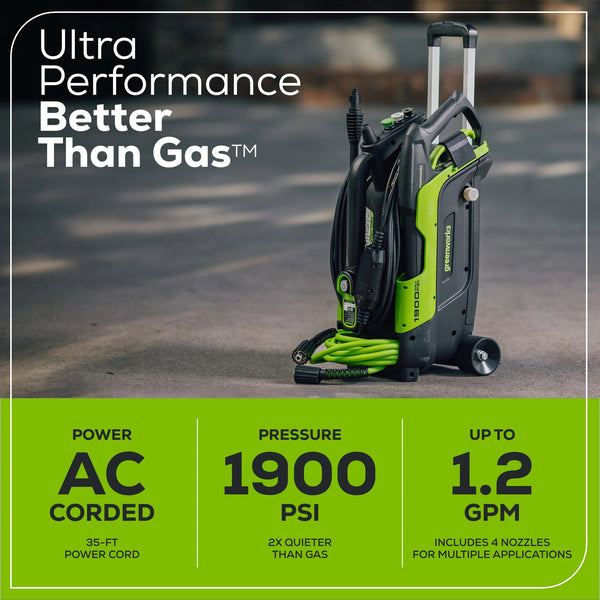 Greenworks 1900-PSI 1.2-GPM Cold Water Electric Pressure washer with 4 Spray Tips 1825