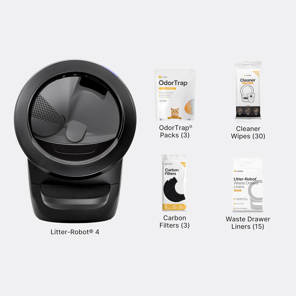 Litter-Robot 4 Supply Bundle by Whisker, Black - Automatic, Self-Cleaning Cat Litter Box, Includes Litter-Robot 4, 3 OdorTrap Refills, 10 Liners, 30 Cleaner Wipes, & 2 Carbon Filters 298 - D2