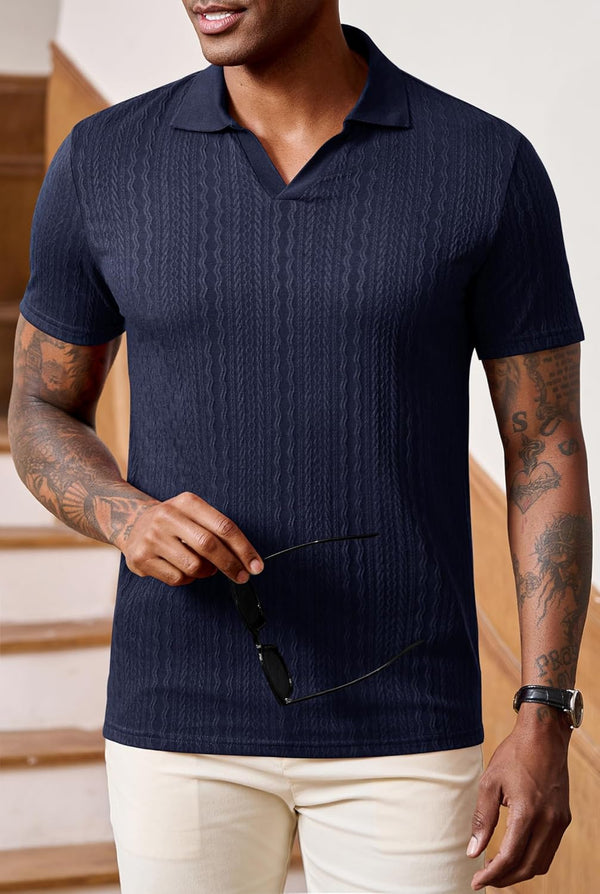 Men Johnny Collar Textured Polo Shirt Cable Knit Stretch Casual Shirts XL - 1903