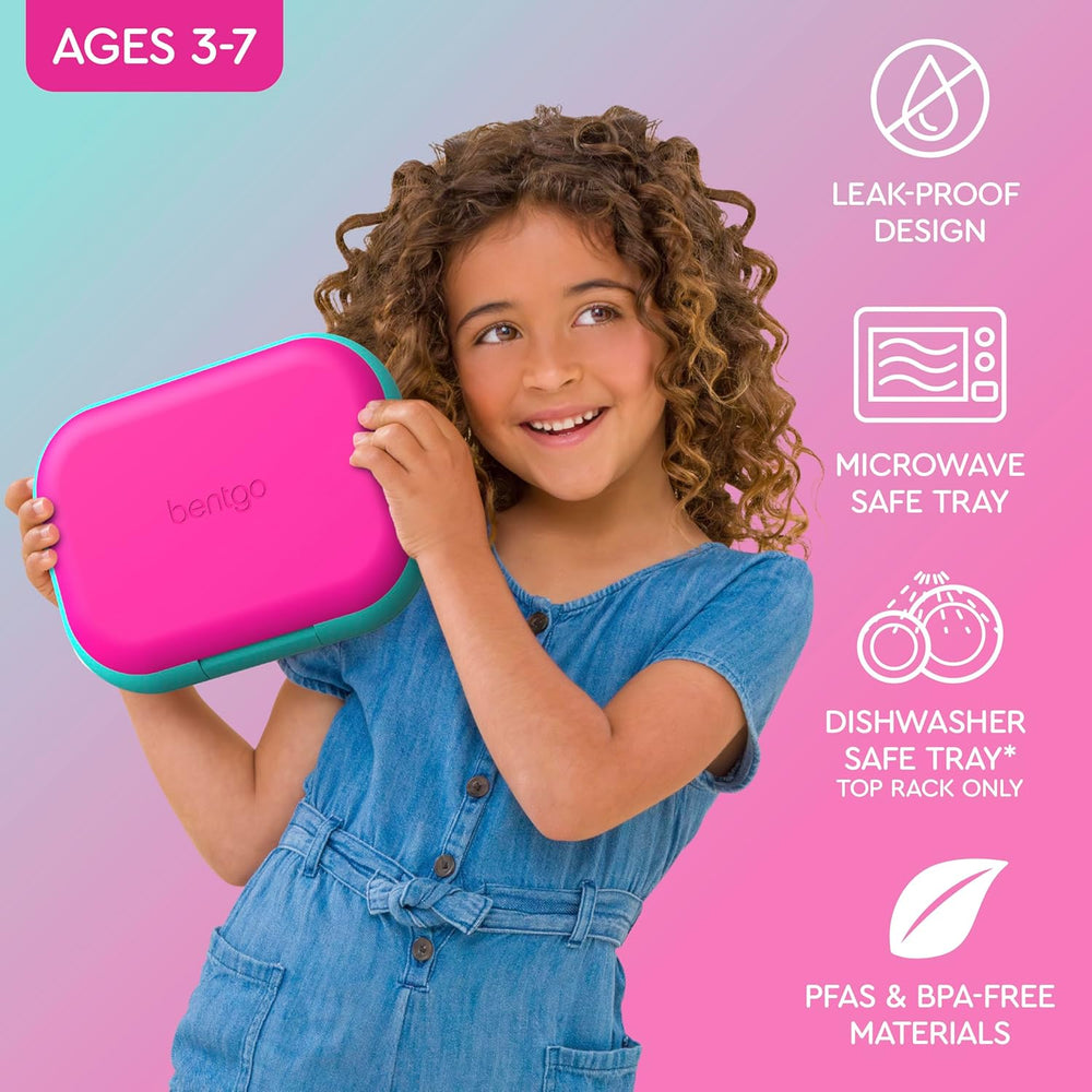 Bentgo Chill Kids Leak-Proof Lunch Box - 4-Compartment Bento Box with Built-In Ice Pack, 3.3 Cup Capacity, PFAS & BPA-Free, Microwave & Dishwasher Safe, Ideal Size for Ages 3 to 7 (Fuchsia/Teal) - B10 - 1256