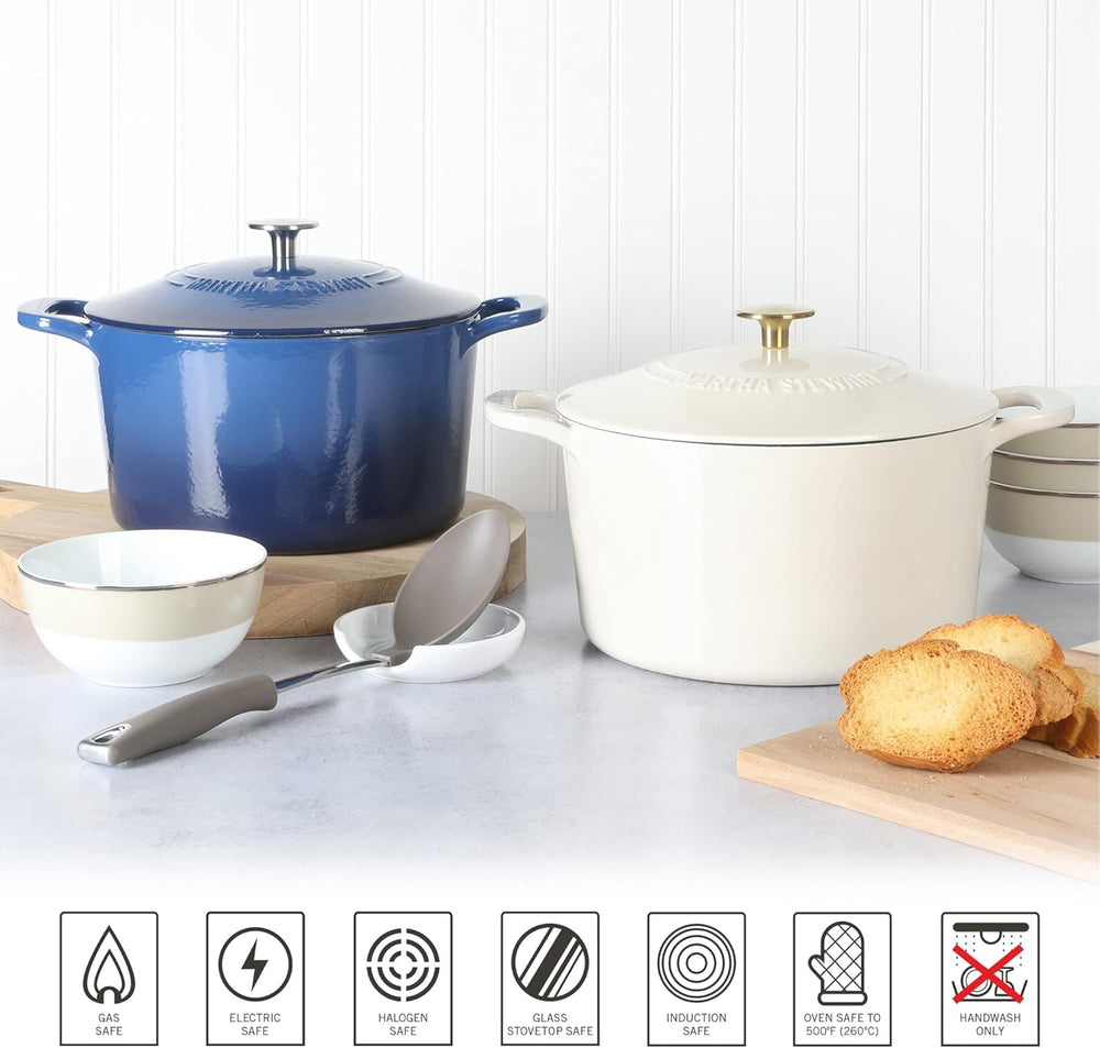 MARTHA STEWART Gatwick 7-Quart Enamel Cast Iron Dutch Oven Pot with Lid   Classic Blue   Durable Heavy-Duty Dutch Oven for Slow Cooking, Braising & Baking - C10 - 1255