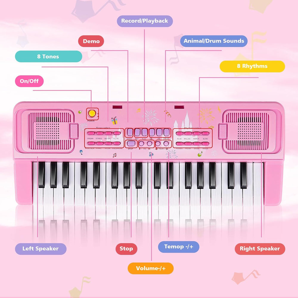 Kids Keyboard Piano, 37 Keys Keyboard Electric Digital Piano, Early Learning Educational Musical Toys Piano for Kids Toddlers Beginners with Music Stand, Microphone - Christmas Birthday Gifts, Pink 1297