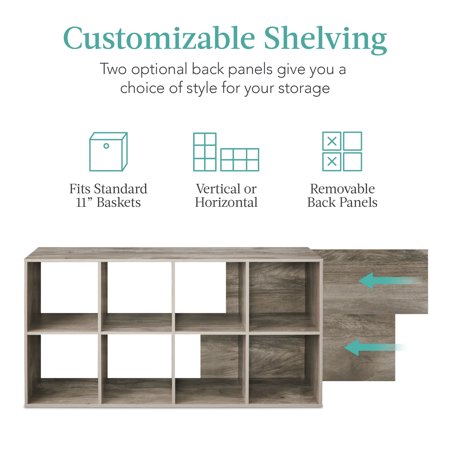 Best Choice Products 8-Cube Bookshelf, 11in Display Storage System, Organizer w/ Removable Back Panels - Greige - G3 - 1623