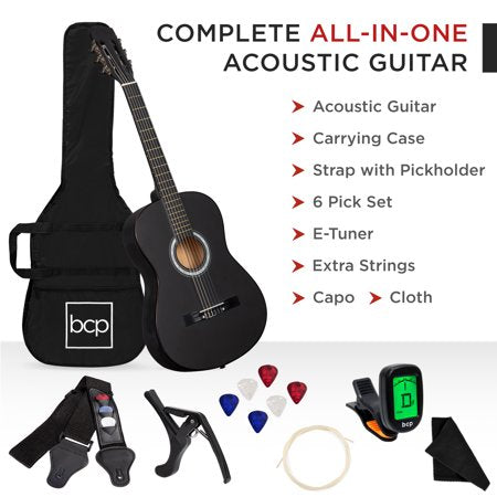 Best Choice Products 38in Beginner Acoustic Guitar Starter Kit w/ Gig Bag, Strap, Digital Tuner, Strings - Matte Black - E3 - 972