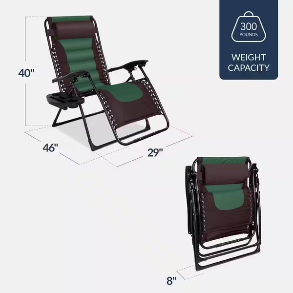 Oversized Padded Zero Gravity Brown/Green Metal Reclining Outdoor Lawn Chair with Side Tray -M12-0051
