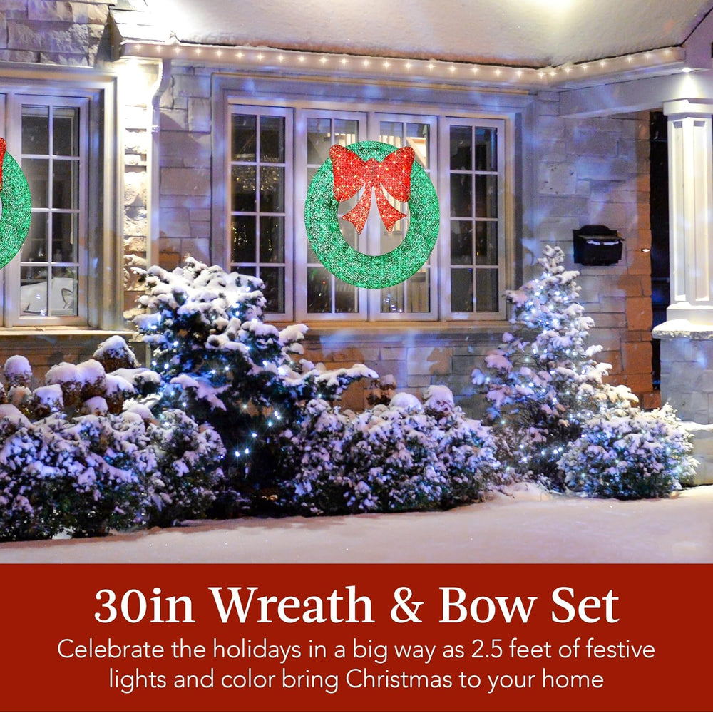 Best Choice Products 30in Pre-Lit Outdoor Christmas Wreath Decoration, LED Metal Holiday Decor for Home w/ 100 Lights, Bow - Green/Red 1483
