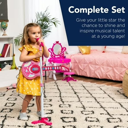 Best Choice Products 19in Kids Flash Guitar, Pretend Play Musical Instrument Toy for Toddlers w/ Mic, Stand - Pink - B2 - 1013