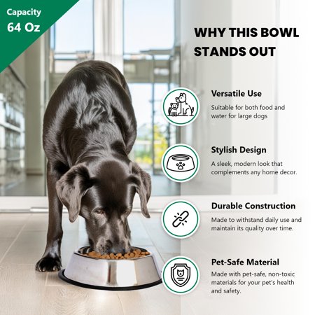Iconic Pet - Stainless Steel Non-Skid Pet Bowl for Dog or Cat - 64 oz - 8 cup -E11-1812