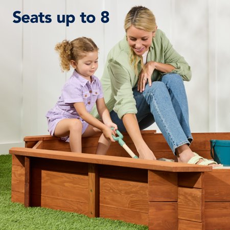 Best Choice Products Kid's Octagonal Wooden Outdoor Sandbox w/ Benches, 8 Seats, Cover, XL Sandpit, Liner - Brown -C9-0420
